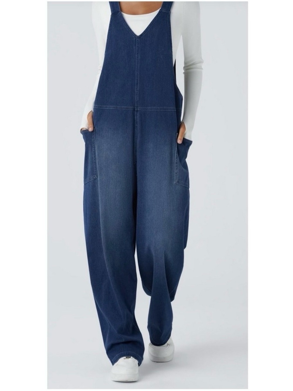 Halara Flex V Neck Pocket Washed Denim Casual Overalls Size Large Cottagecore